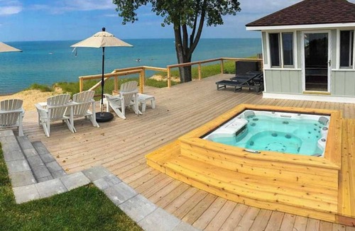 New Buffalo House | Luxury Lakefront Home w/Private Hot Tub, Large Yard, Association Beach & WiFi