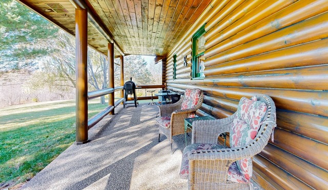 Rustic dog-friendly cabin with fireplace, open layout, grill, W/D, & firepit